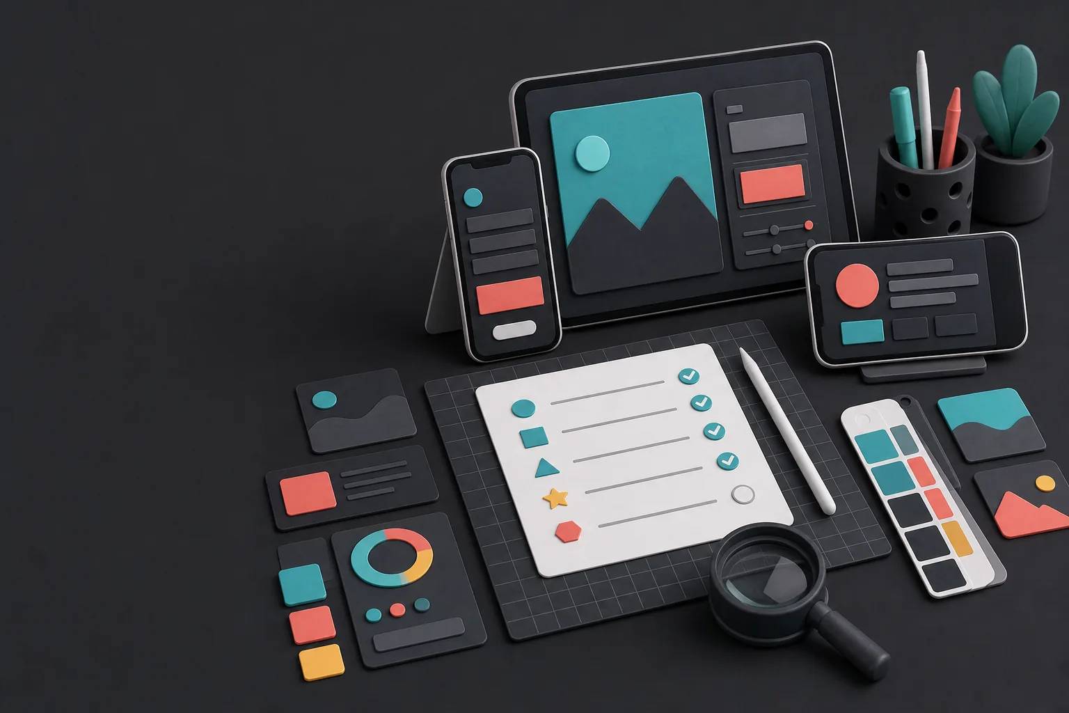 Original illustrated app review workbench with devices and editorial notes